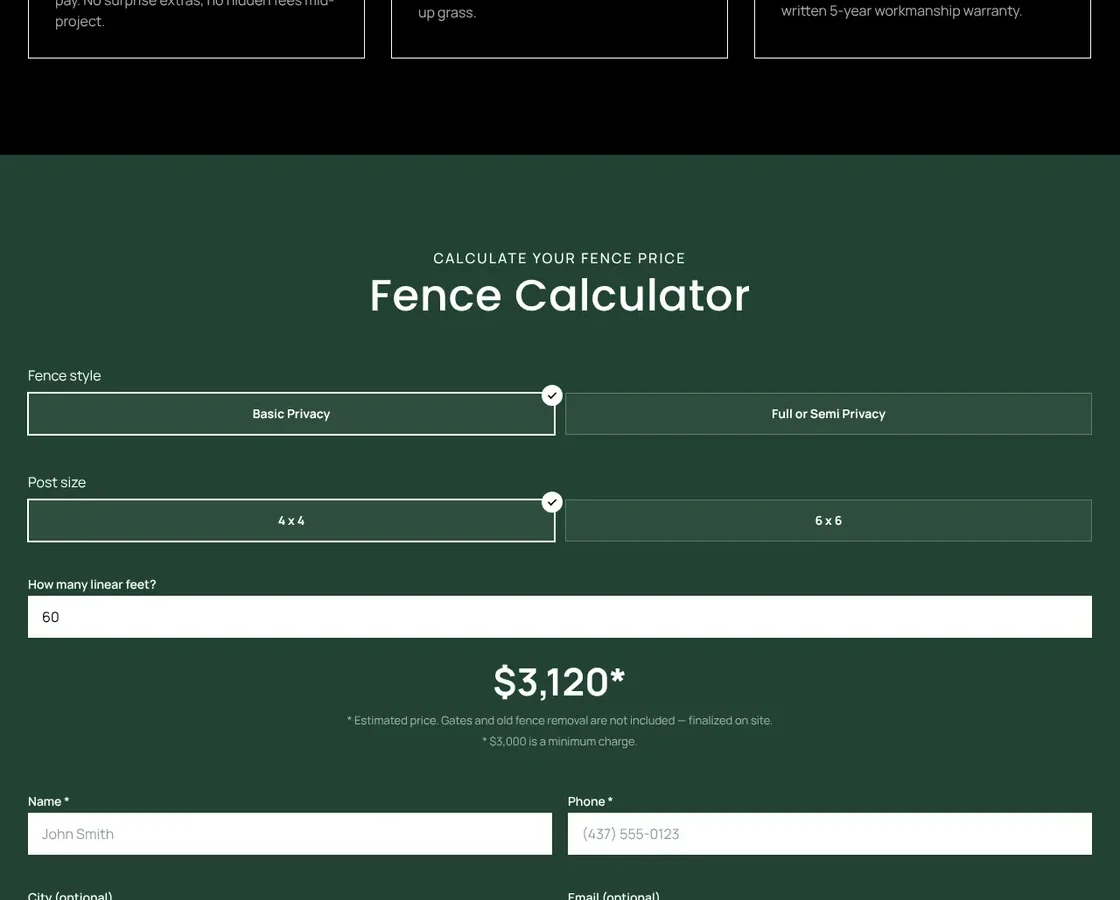 Urban Fence & Deck — сайт з калькулятором паркану, Торонто (Канада) — скріншот сайту